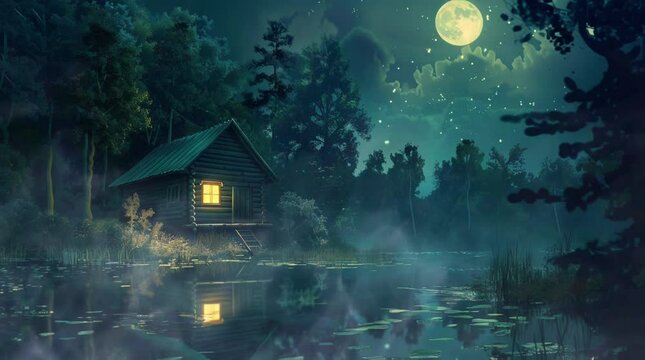 Wooden house by a lake in a misty night landscape, creating a serene and atmospheric scene.
  Seamless looping 4k time-lapse virtual video animation Generated AI