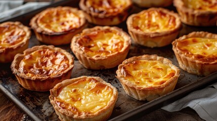 Tray of recently baked small cheese tarts with golden brown hue