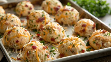 Tray of uncooked bacon scones topped with cheddar and parmesan