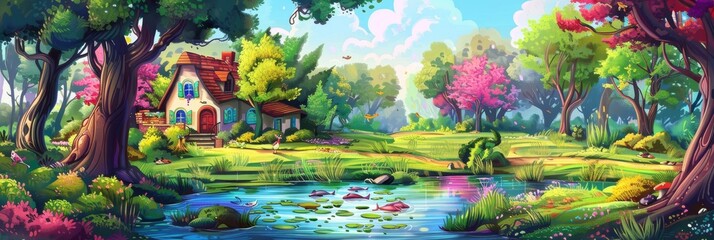 Colorful Landscape with a House, Pond and Fish, Naive Art Drawing Imitation