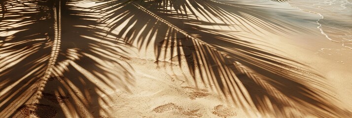 Obraz premium Palm tree shadows on sandy beach texture background, palm branch beige ocean dune wallpaper