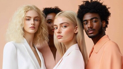 Fototapeta premium A diverse group of people showcasing modern fashion and beauty against a soft, pastel background.