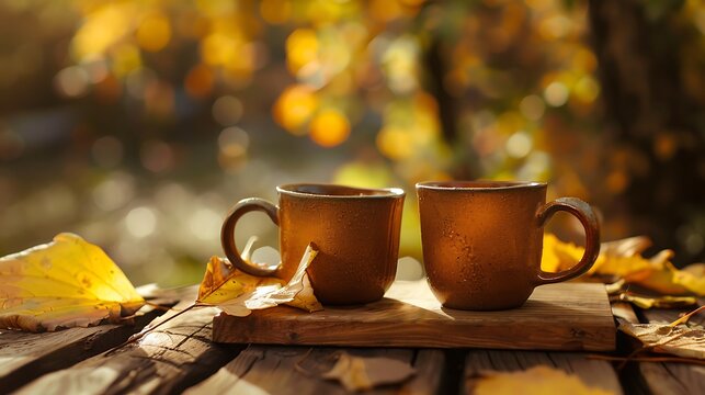 two clay rural cup with hot beverage are on the wooden stumb with autumnal leaves nature background