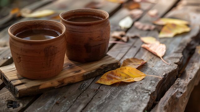 two clay rural cup with hot beverage are on the wooden stumb with autumnal leaves nature background