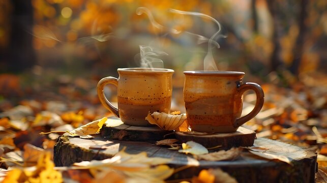 two clay rural cup with hot beverage are on the wooden stumb with autumnal leaves nature background
