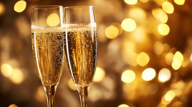 Celebratory toasting with champagne flutes surrounded by warm golden lights at a festive evening event