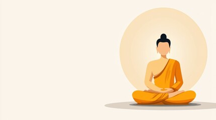 A serene illustration of a meditating figure in an orange robe, symbolizing peace and mindfulness in a tranquil environment.