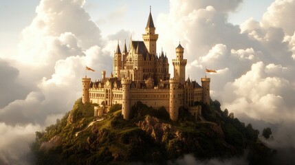 A stunning castle perched on a mountain peak surrounded by clouds, reflecting a magical and serene landscape.