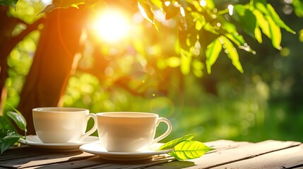 Two cups coffee or tea and sunny tree background