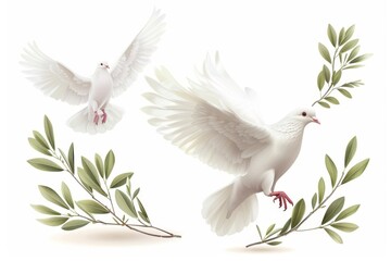 Obraz premium Peace dove icon, pigeons, twigs 3d realistic collection. Flying birds silhouettes on white