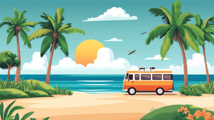 Enjoying a relaxing summer vacation at a tropical beach with a vivid sunset and a vintage camper van parked nearby