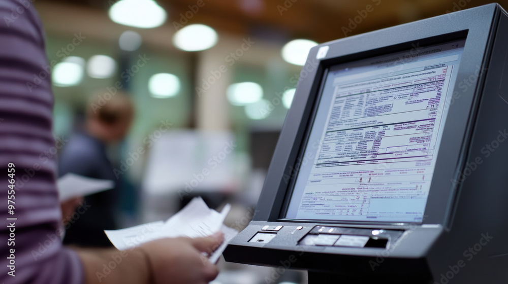 Poster close up of voting machine displaying scanned ballots, highlighting voting process. atmosphere conve