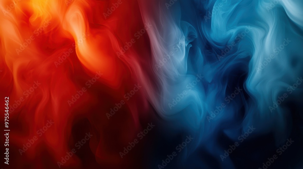 Poster colorful abstract smoke art blending red and blue hues, creating a dynamic and visually striking bac