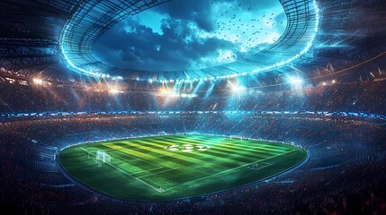 Under Gleaming Lights: A Captivating Moment in an Electrifying Sports Arena Amidst a Stunning Night Sky and an Energetic Atmosphere.