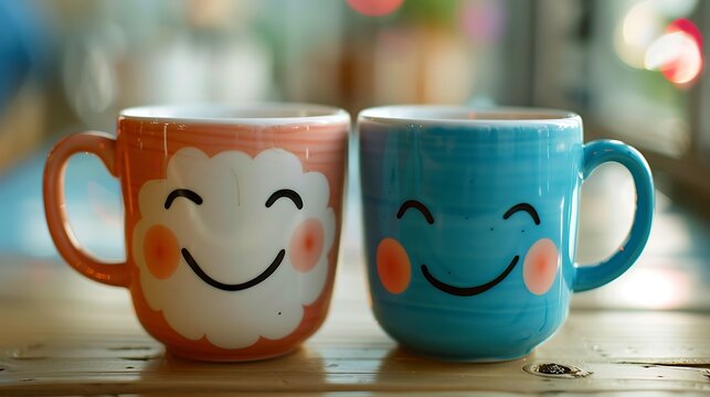 Two cups of tea or coffee closeup with smiling faces emoticon with a smile concept with blue and white couple cup