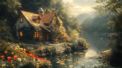 Fototapeta premium A charming cottage nestled amidst a lush forest by a serene lake.