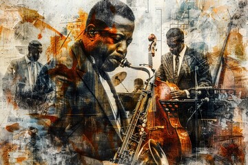 saxophonist of a jazz ensemble in the spotlight of jazz improvisation - photo montage / composition dedicated to jazz