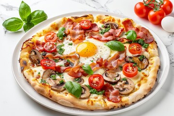 Pizza with Mushrooms, Bacon and Egg on White Plate Isolated, Italian Carbonara Pizza