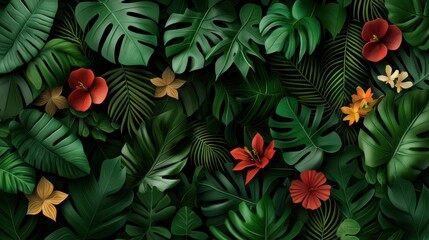 Vibrant foliage featuring lush green leaves and colorful flowers, perfect for a tropical or nature-inspired design.