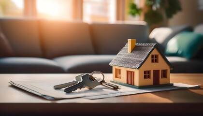 A Toy House with Keys and Mortgage Papers in a Cozy Living Room