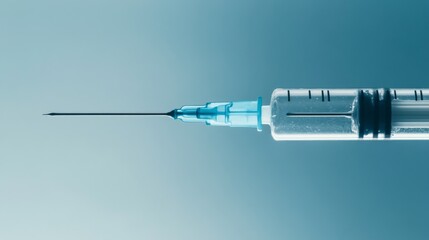 view of a medical syringe. The needle is sharp and ready for use. This image represents healthcare, medical supplies, and the importance of vaccinations