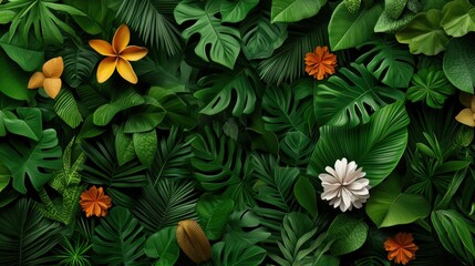 Vibrant tropical foliage featuring lush green leaves and colorful flowers, perfect for nature-themed designs and backgrounds.