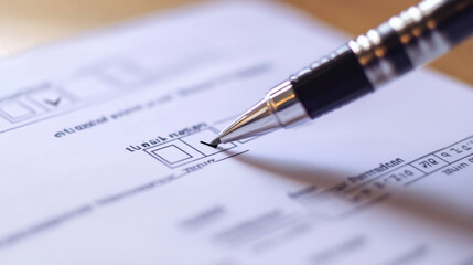 Close up of pen marking checkbox on ballot, symbolizing act of voting and civic engagement. image captures importance of participation in democratic processes
