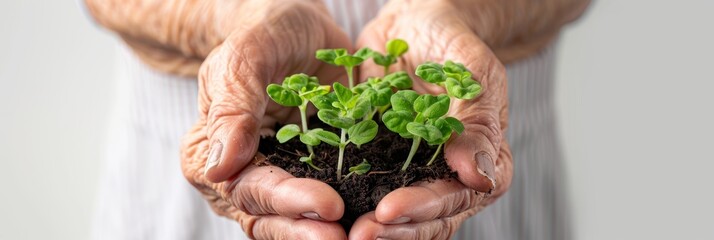 Plant in hands, young sprout, new plant growing in soil, organic farming, environment care, earth day