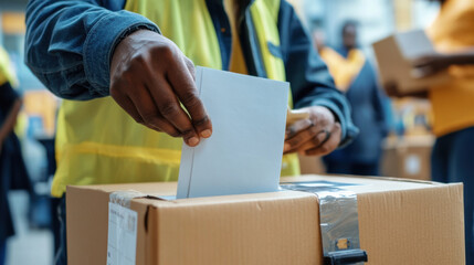A poll worker is seen placing ballot into box, showcasing democratic process in action. atmosphere is focused and serious, reflecting importance of voting