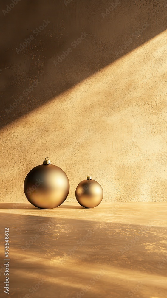 Poster two elegant golden ornaments cast shadows on a textured surface, illuminated by soft light, creating