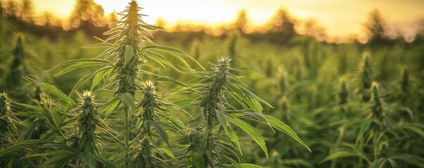 Naklejka premium Sunset Cannabis Field, Close Up, Green, Yellow, Blur, cannabis, plant