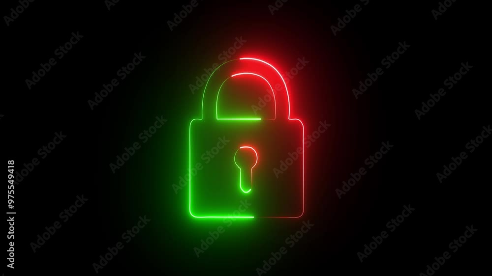 Poster red and green color neon glowing lock animation icon on black background. padlock and password priva