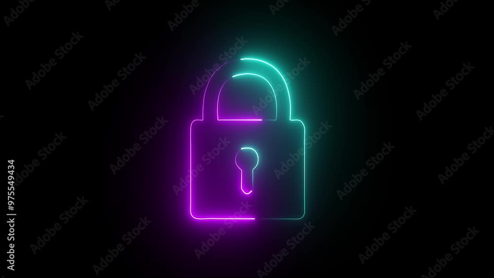 Poster blue and cyan color neon glowing lock animation icon on black background. padlock and password priva