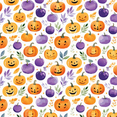 A cheerful festive pattern of pumpkins and autumn leaves for Halloween celebrations