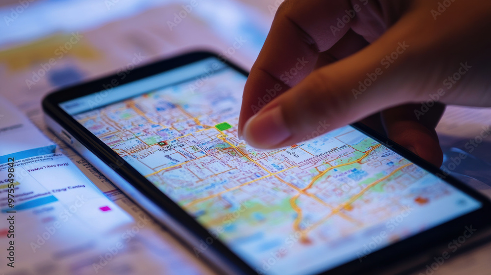 Poster exploring digital map on smartphone, hand points at location, showcasing modern navigation technolog
