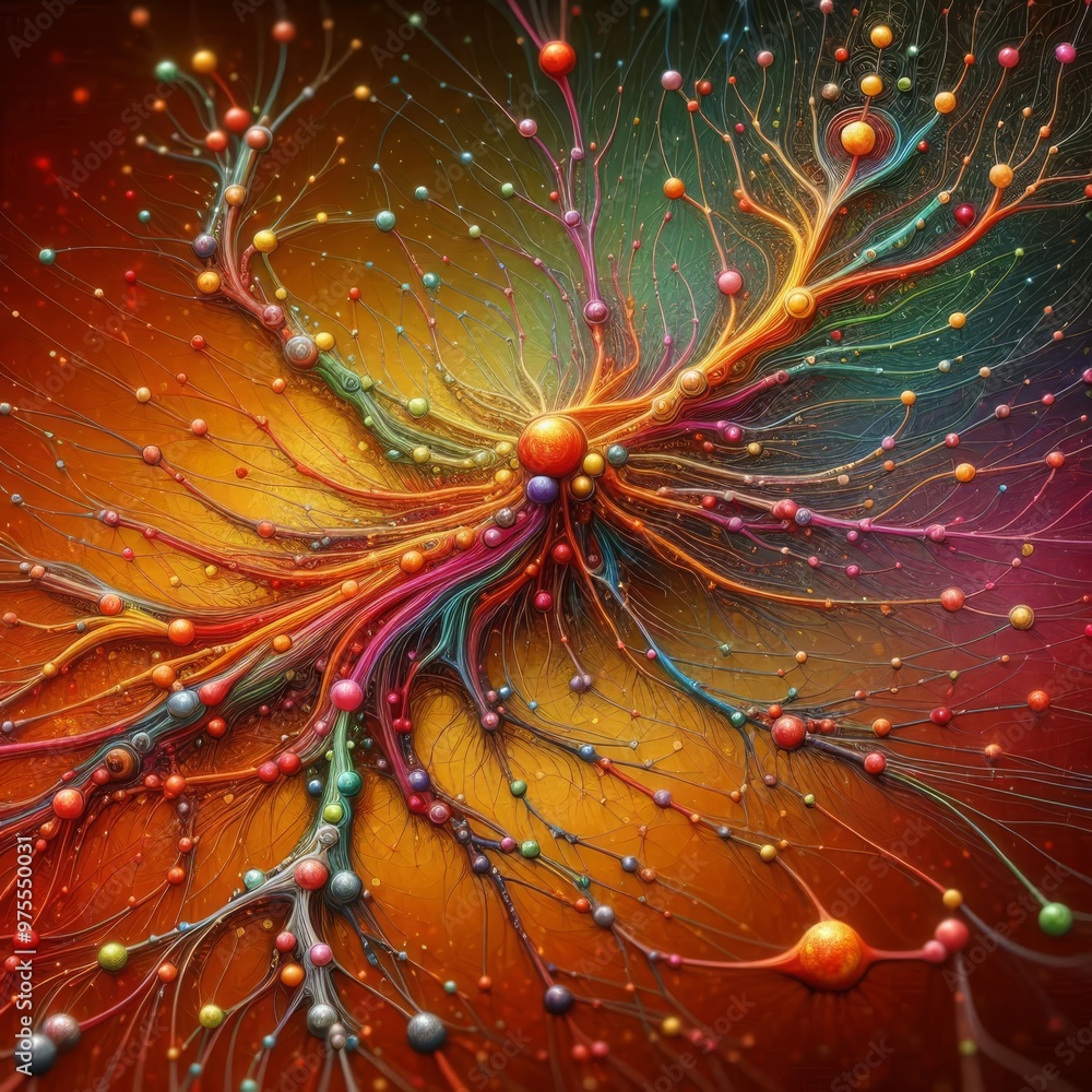 Poster a vivid and intricate abstract depiction of a neural network, showcasing a web of colorful and dynam
