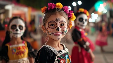  A vibrant and detailed depiction of people dressed in traditional Day of the Dead (Día de los Muertos) costumes, adorned with colorful face paint, skull masks, and elegant dresses