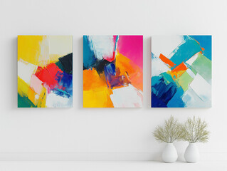 A set of three abstract bright paintings hanging on the white wall. Generative AI