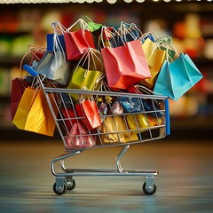 Overflowing Shopping Cart in Retail Paradise: A miniature shopping cart bursts with vibrant shopping bags, set against a blurred supermarket aisle, embodying consumerism and retail therapy. 