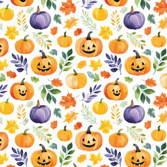 A Cheerful and Festive Autumn Pumpkin Pattern Featuring Leaves and Charming JackoLanterns