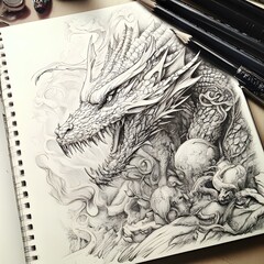 A sketchbook filled with intricate pencil drawings, where the sketches of mythical creatures begin to step off the page and come to life.