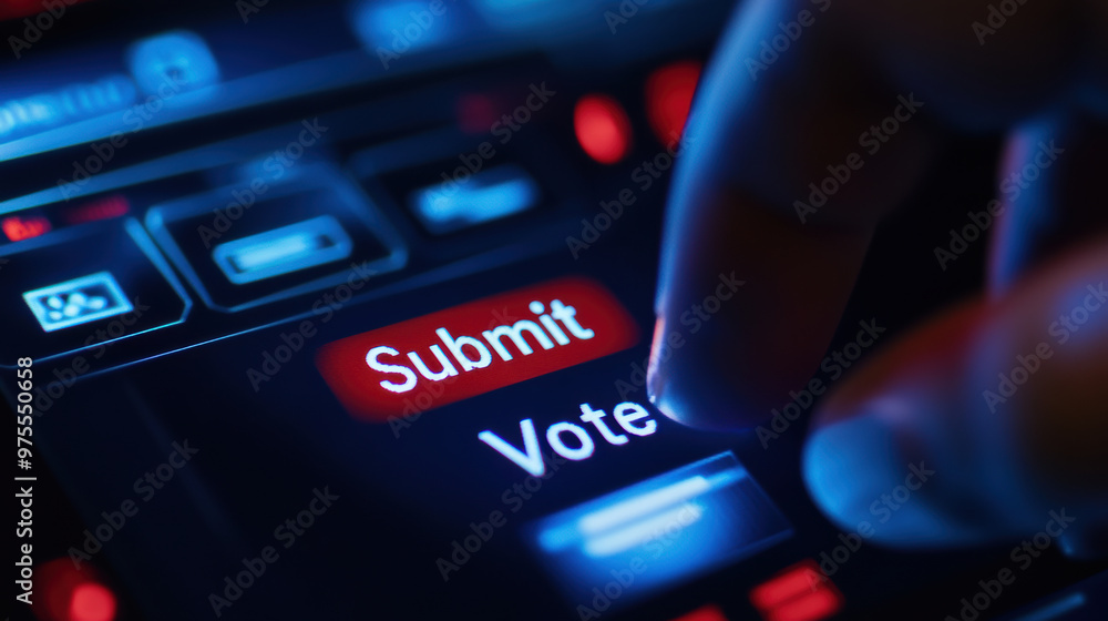 Poster a finger is tapping digital submit vote button, highlighting importance of participation in decision