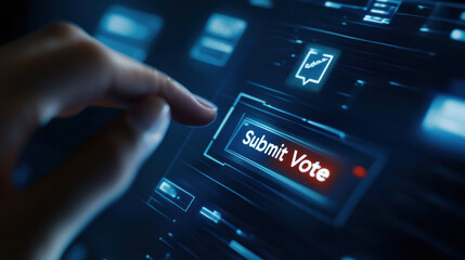 A hand is seen tapping digital Submit Vote button on futuristic interface, symbolizing engagement in voting process. This image captures essence of modern technology in democratic participation