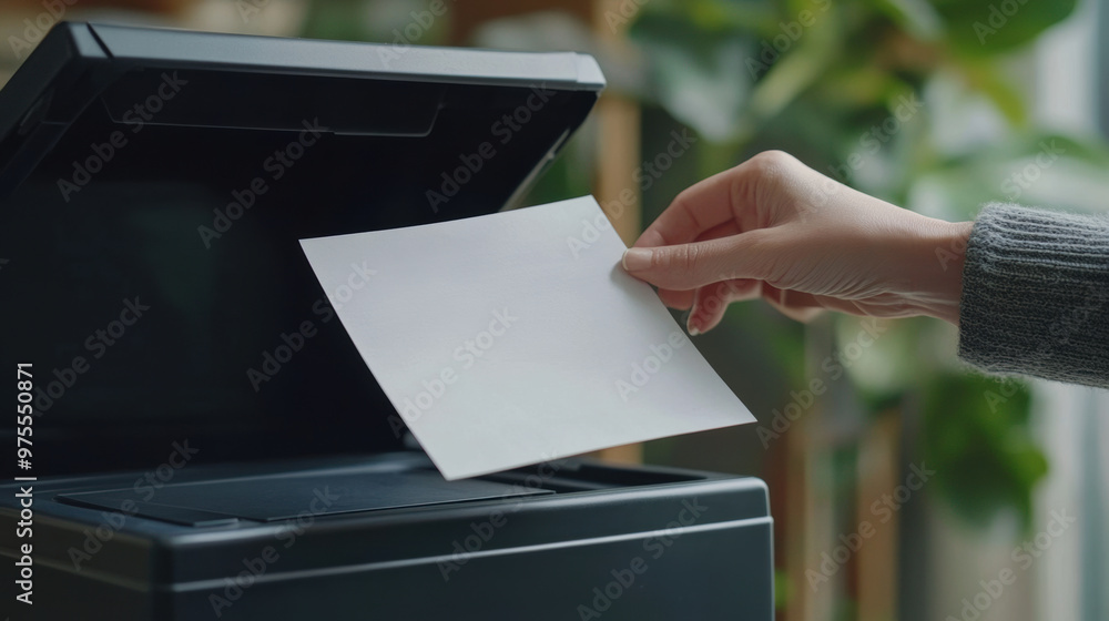 Poster a person is dropping blank sheet of paper into printer, showcasing action of printing or scanning do