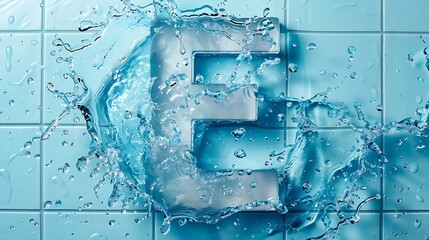Uppercase letter E made by water on tiled color background