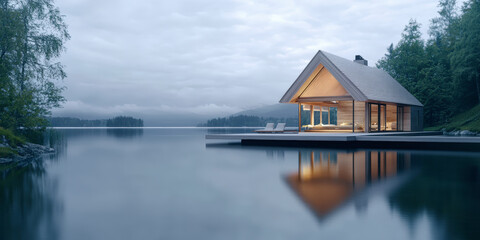 A serene lakeside cabin with large windows sits on a dock, surrounded by misty water and lush greenery, under a cloudy sky.