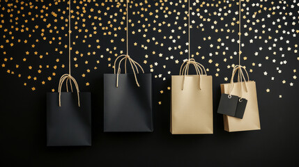 Elegant gift bags display against a striking black and gold backdrop adorned with decorative stars - Powered by Adobe