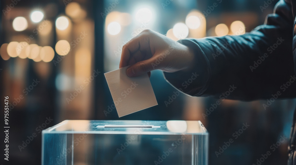 Poster a person is casting vote by inserting ballot into transparent voting box, symbolizing civic engageme