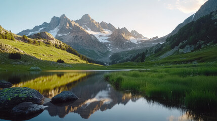 A serene mountain landscape with a tranquil lake reflecting the snowy peaks and lush green meadows, surrounded by rocky terrain under a clear sky.