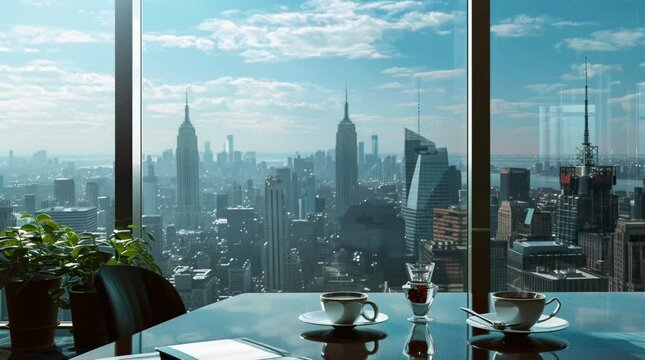 Cup of coffee on a table by the window, overlooking a vibrant cityscape landscape, creating a perfect urban ambiance.
  Seamless looping 4k time-lapse virtual video animation Generated AI
